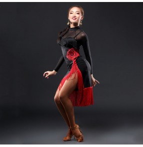 Women's latin dresses black with red tassels competition stage performance rumba salsa chacha dancing costumes dresses