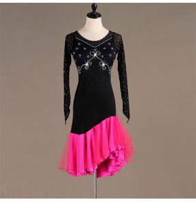 Women's latin dresses diamond black with fuchsia stage performance rumba salsa chacha dance skirts costumes