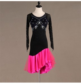 Women's latin dresses diamond black with fuchsia stage performance rumba salsa chacha dance skirts costumes