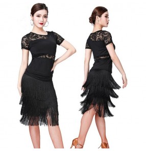 Women's latin dresses female lace tassels samba ballroom salsa chacha rumba dance skirts costumes 