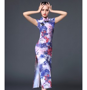 Women's latin dresses for female cheongsam blue floral printed competition stage performance salsa rumba chacha dancing dresses