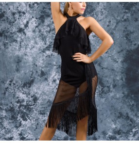 Women's latin salsa chacha dance dresses tassels sexy dance bodysuit leotard dress