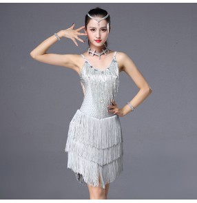 Women's latin salsa dancing dresses rhinestones silver competition professional chacha rumba samba dancing skirts dresses