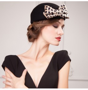 Women's leopard bowknot  black red wedding party fedoras pillbox top hat one size 