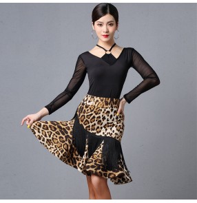 Women's leopard floral latin dance dresses tassels stage performance  salsa rumba chacha dance dresses for female 