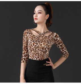 Women's leopard latin ballroom dance tops fashion modern dance yoga practice dance tops top da ballo latino leopardato per donna