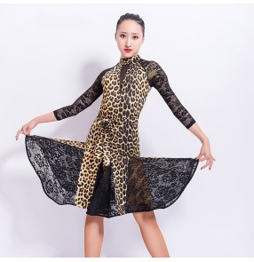 Women's leopard latin dance dresses lace long sleeves stage performance girls rumba samba salsa chacha dance dress skirt