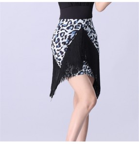 women's leopard Latin dance tassels skirts irregular hem salsa skirts for female leopard print fringe stitching bottoms adult Latin dance skirt