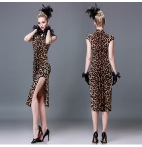 Women's leopard latin dresses stage performance qipao cheongsam long length samba latin salsa chacha dance skirts dress