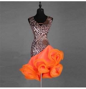 Women's leopard latin rumba dance dresses professional modern dance stage performance samba chacha dance skirts costumes dresses