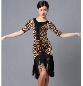 Women's leopard polka dot fringes latin dance dress salsa rumba chacha samba dance dress costumes