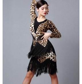 Women's leopard printed fringes latin dance dresses salsa chacha rumba dance dress
