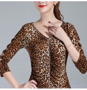 Women's leopard printed latin ballroom dance tops shirts women waltz tango dance tops 
