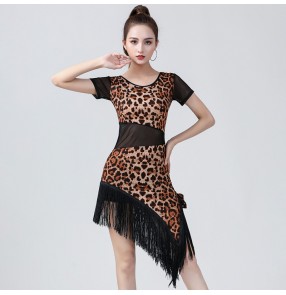 Women's leopard printed latin dance dresses salsa chacha rumba dance dress costumes for female