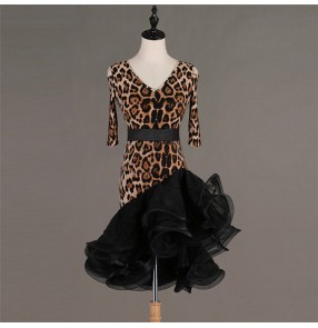 Women's leopard sexy latin salsa dance dresses ruffles skirts stage performance ballroom dance dresses