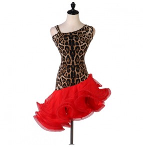 Women's leopard with red competition latin dance dresses salsa rumba chacha dance dresses