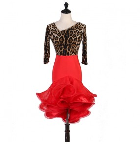 Women's leopard with red latin dance dresses salsa chacha rumba dance dresses