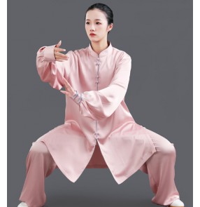 women's light pink silk satin tai chi clothing Taijiquan women Chinese kungfu wushu martial arts competition performance uniforms