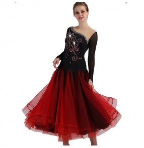 Women's long length ballroom dance dresses competition waltz tango diamond black and red professional dance dresses