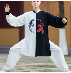 Women's men chinese Taichi kungfu uniforms black with white patchwork wushu martial arty competition clothing