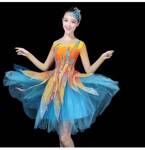 Women's modern dance dress blue pink petals singers dancers stage perforformance dresses