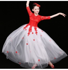 Women's modern dance dresses lace red with white singers chorus stage performance classical dance fairy cosplay princess dresses 