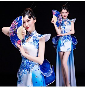 Women's modern dance jazz tuxedo dresses white and blue color oriental style gogo dancers singers night club photos performance dresses