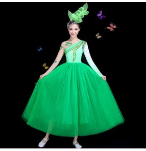 Women's modern dance singers chorus dresses drama photos video cosplay stage performance gradient green colored long dresses