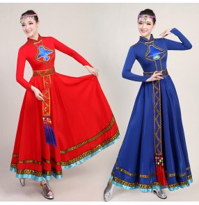 Women's mongolian dance costumes red royal blue mongolia drama cosplay robes dresses