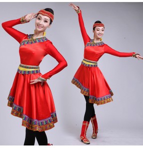 Women's Mongolian dance costumes traditional minority Chinese folk dance stage performance robes dresses with head piece