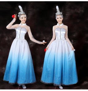 Women's mongolian dance dresses blue white gradient modern dance stage performance carnival celebration cosplay long dresses robes