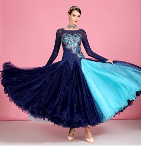 Women's navy diamond embroidered flowers competition ballroom dancing dresses waltz tango dance dress