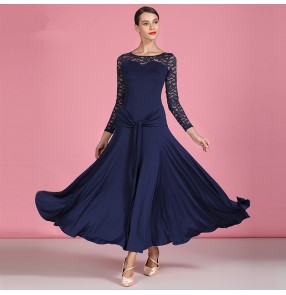 Women's navy lace long sleeves competition ballroom dancing dresses waltz tango foxtrot dance dress