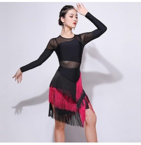Women's navy pink fringes latin dance dresses stage performance chacha rumba dance dresses top and skirts