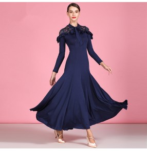 Women's navy red colored long sleeves ballroom dance dresses waltz tango perform foxtrot dance dress