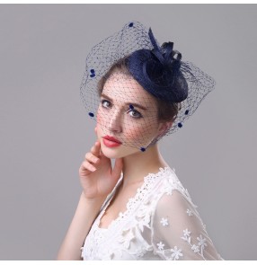 Women's navy sinamay linen pillbox top hats wedding party stage performance veil fascinators hats