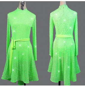 Women's neon green rhinestones competition latin dance dress salsa rumba stage performance dress