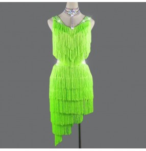 Women's neon green tassels competition rhythm salsa latin dance dress 