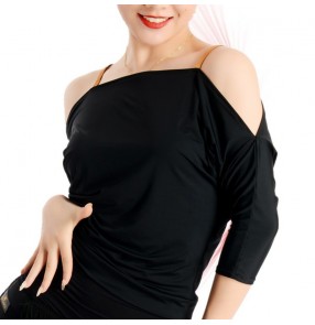 Women's off shoulder batwing sleeves black latin dance tops ballroom dance stage performance shirts blouses tops