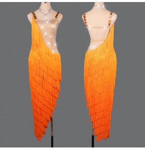 Women's orange tassels competition latin dance dresses stage performance professional rumba salsa chacha dance dress