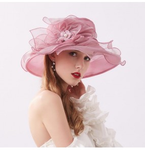 Women's organza beach sun hats wide brim church hat photos party stage performance fedoras