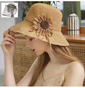 Women's outdoor flowers straw fisherman's hat with detachable face shield anti spray saliva spitting protective full face cover sunhat