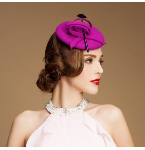 Women's pillbox feather top hat  mini fedoras 100% wool one size purple red