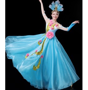 Women's pink blue yellow green colored opening dance flower fairy dresses ballroom dresses stage performance chorus modern dance dresses