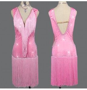 Women's pink colore rhinestones competition latin dance dress salsa rumba samba dance dress