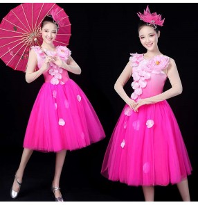 Women's pink flowers modern dance dresses dance fluffy skirts stage performance umbrella fan dance dresses