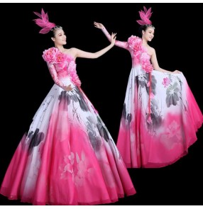 Women's pink flowers opening dance dress flamenco dresses modern dance dresses chorus singers stage performance dresses