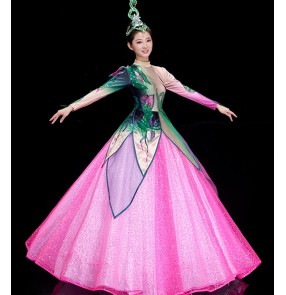 Women's pink petals opening dance dresse modern dance dresses dancers performance dresses ballroom dancing dresses costumes