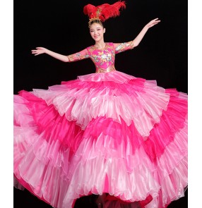 Women's pink petals spanish flamenco dress bull dance stage performance chorus ballroom dance dresses