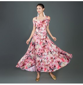 Women's pink printed ballroom dancing dress for women girls waltz tango ballroom dance dresses 